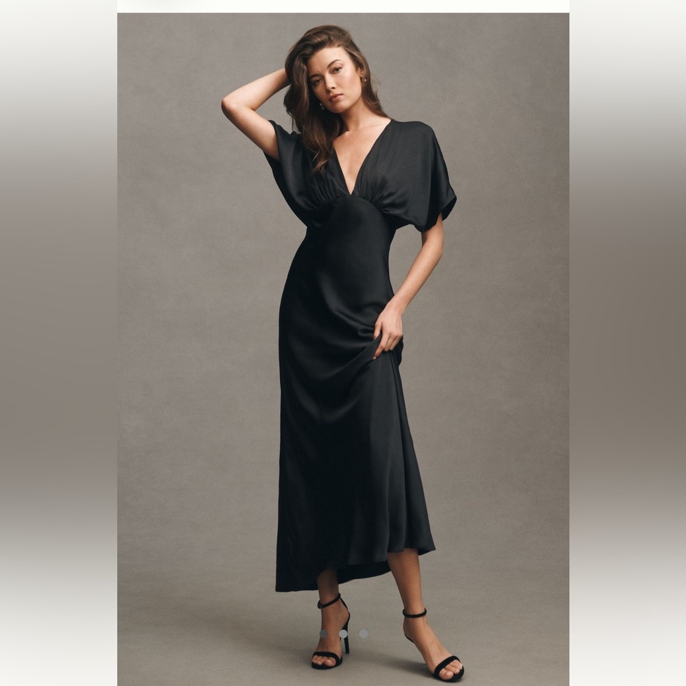 BHLDN Amelia Deep-V Flutter-Sleeve Satin A-Line Gown